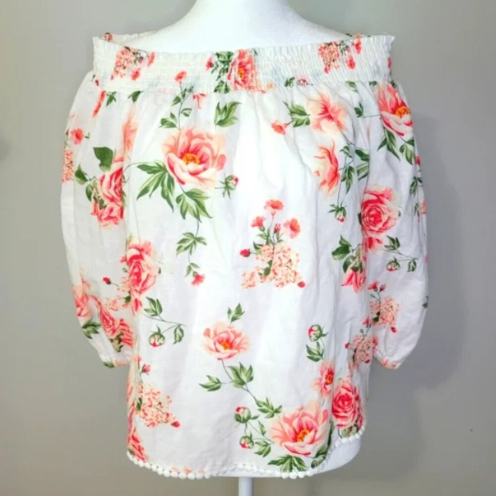 Zara Boho Off Cold Shoulder Boat Neck Smocked Linen Blend Floral Top Shirt-Sz M